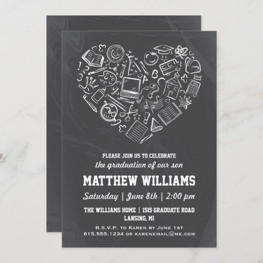 Chalkboard School Heart Afstuderen Uitnodiging (Voorkant / Achterkant)