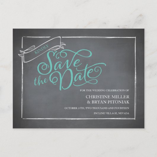 Chalkboard Script Blue De datum opslaan Aankondigingskaart (Voorkant)