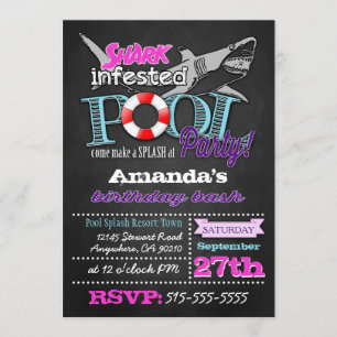 Chalkboard Shark Pool Party Birthday Invitations Kaart