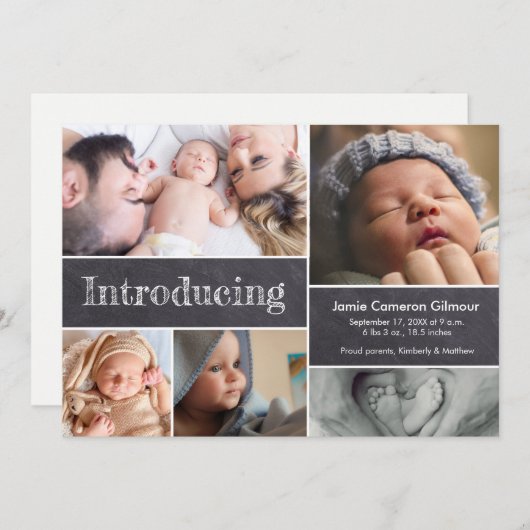 Chalkboard Simple Introduction Baby Multiple Photo Aankondiging (Voorkant / Achterkant)