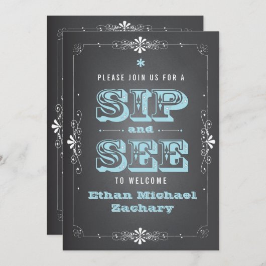 Chalkboard Sip and See Baby Boy Invitation (Devant / Derrière)