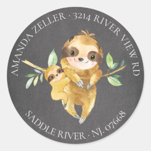 Chalkboard Sloth Baby shower Retouradreslabel Ronde Sticker