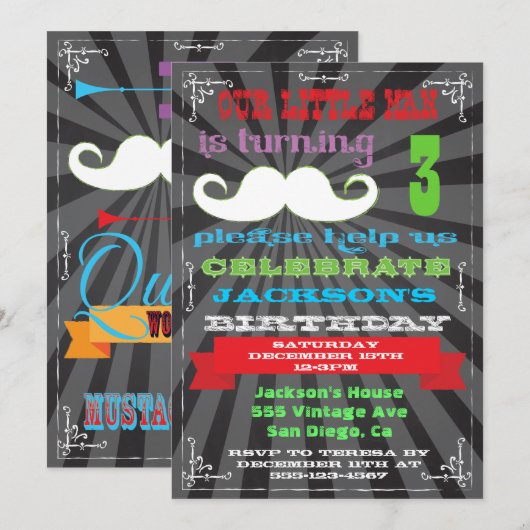 Chalkboard snor verjaardagsfeestje uitnodigingen (Voorkant / Achterkant)