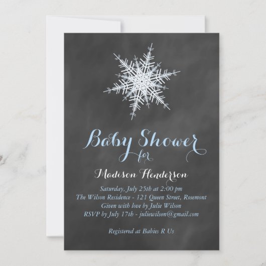 Chalkboard Snowflake Baby shower Invitation - blau Kaart (Voorkant)
