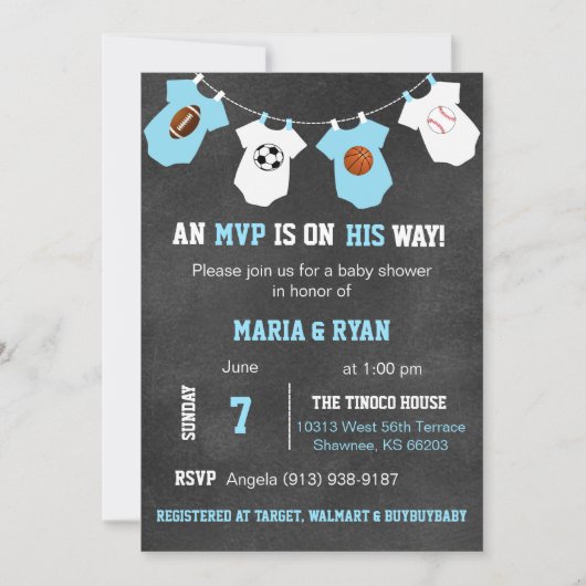 Chalkboard Sports Thème Baby Shower Invitations (Devant)