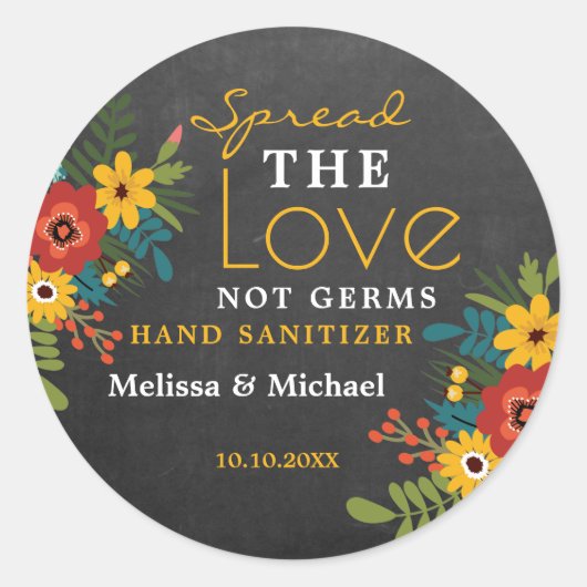 Chalkboard Spread Liefde Hand Sanitizer Bruiloft Ronde Sticker (Voorkant)