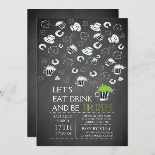 Chalkboard St Patrick's Day Party Invitation Kaart (Voorkant / Achterkant)