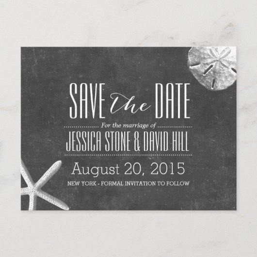 Chalkboard Starfish & Sand Dollar Save the Date Aankondigingskaart (Voorkant)