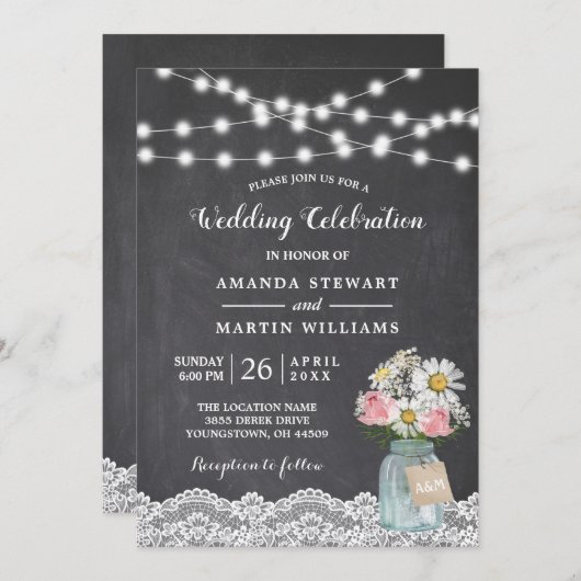 Chalkboard String Lights Baby's Breath Wedding Kaart (Voorkant / Achterkant)