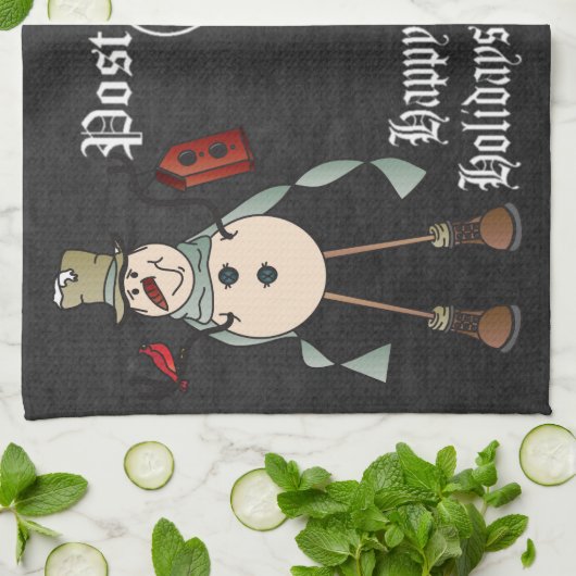 Chalkboard Style Blue Snowman Briefkaart Design Theedoek (Gevouwen)