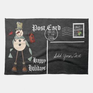 Chalkboard Style Blue Snowman Briefkaart Design Theedoek
