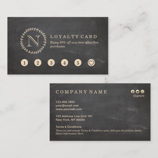 Chalkboard Style Elegant Monogram Loyalty Card Visitekaartje (Voorkant / Achterkant)