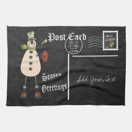 Chalkboard Style Green Snowman Briefkaart Design Theedoek (Horizontaal)