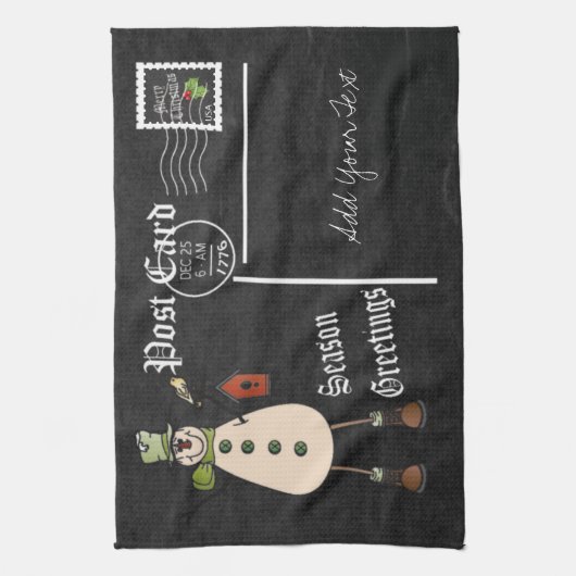 Chalkboard Style Green Snowman Briefkaart Design Theedoek (Verticaal)