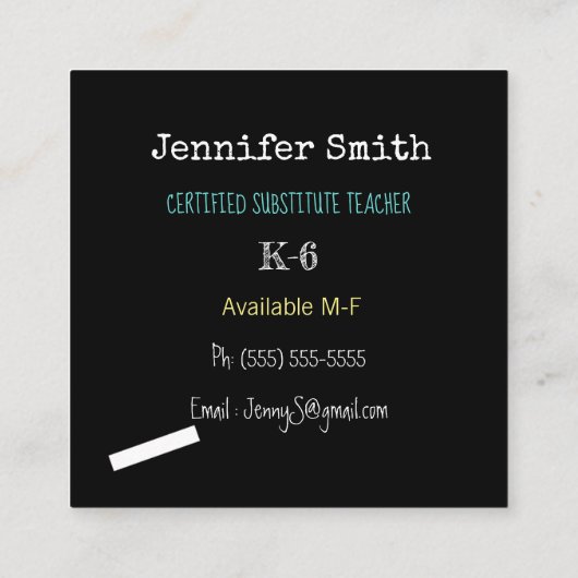 Chalkboard Substitute Teacher Square Visitekaartje (Achterkant)