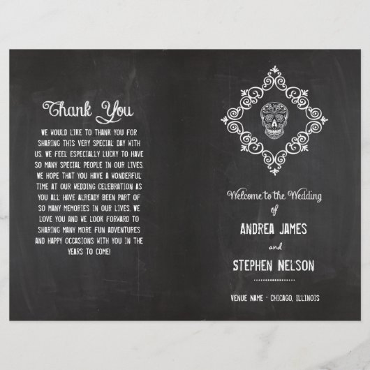 Chalkboard Sugar Skull Flourish Wedding Programmes (Devant)