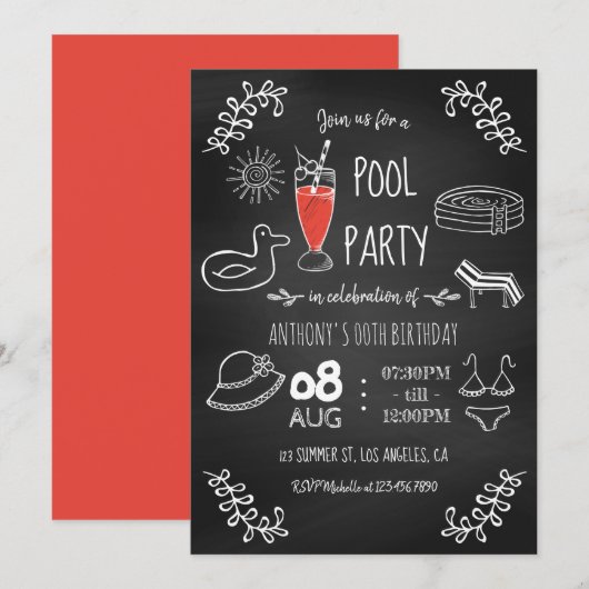 Chalkboard Summer Pool Birthday Party Invitation Kaart (Voorkant / Achterkant)