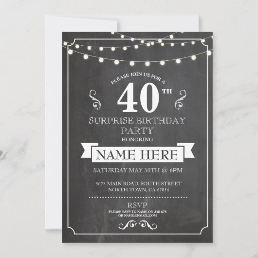 Chalkboard Surprise Birthday Party 40th Invite Kaart (Voorkant)