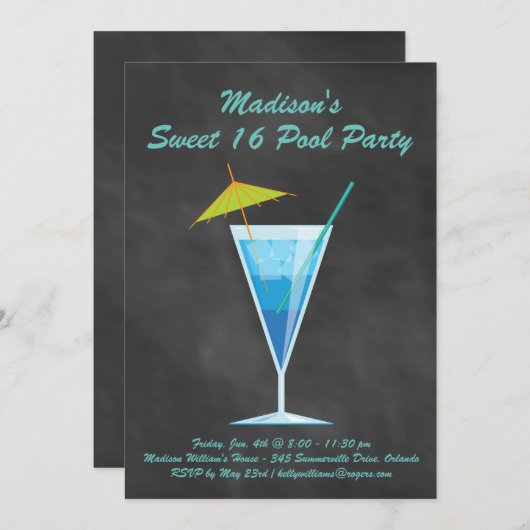Chalkboard Sweet 16 Pool Party Invitation (Devant / Derrière)