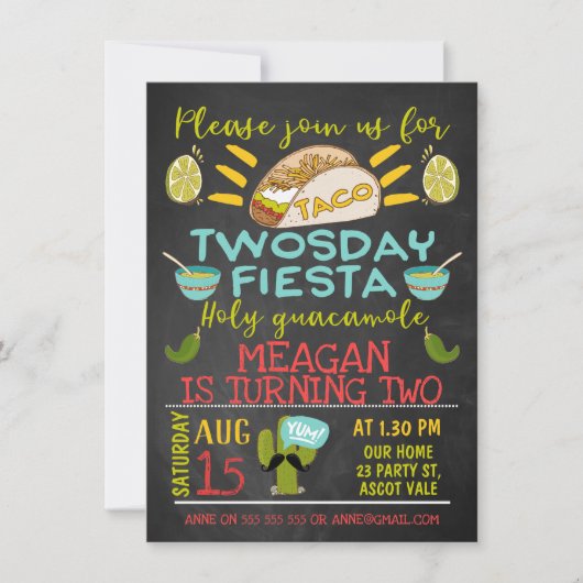 Chalkboard Taco Deux Anniversaire Invitation (Devant)