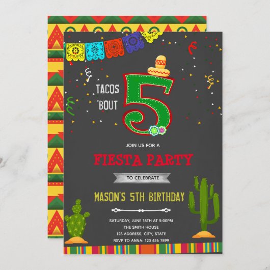 Chalkboard tacos 5 anniversaire invitation (Devant / Derrière)