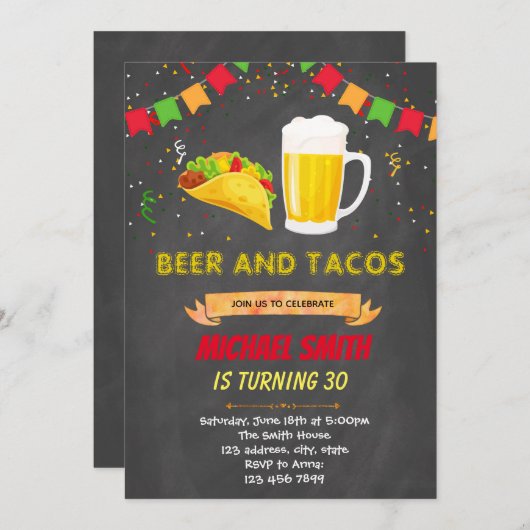 Chalkboard tacos invitation anniversaire bière (Devant / Derrière)