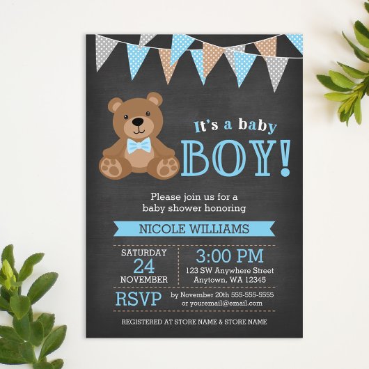 Chalkboard Teddy Bear Boy Baby shower Kaart