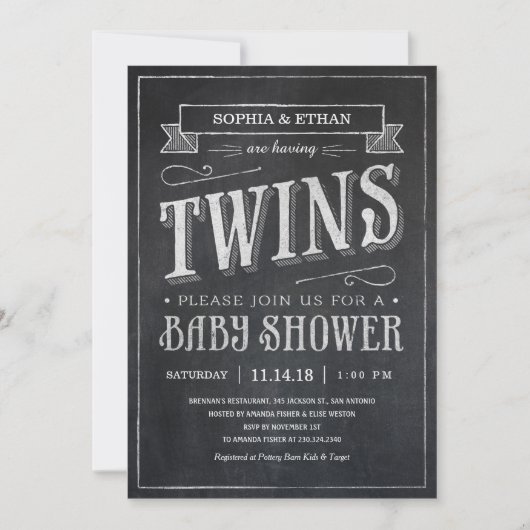 Chalkboard Twin Baby Shower-uitnodigingen Kaart (Voorkant)