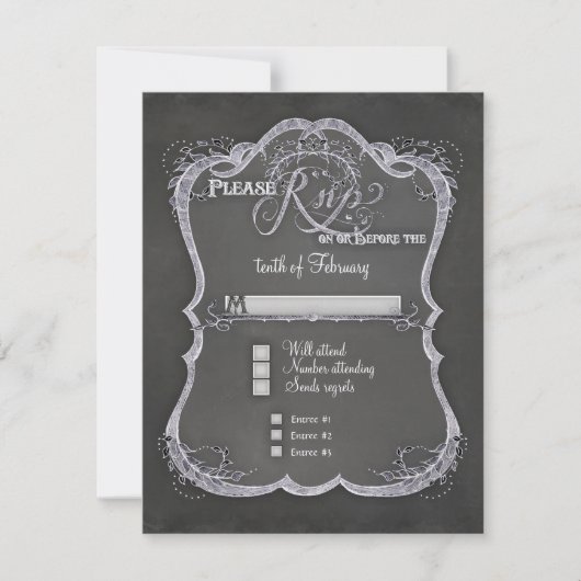 Chalkboard Typographic Leaf Swirl Rustic Wedding RSVP Kaartje (Voorkant)