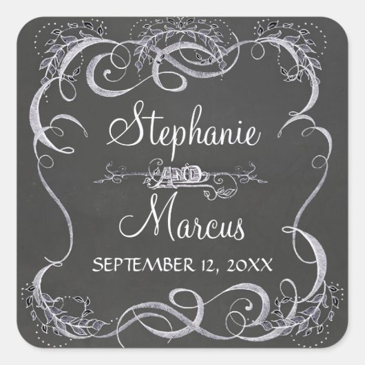 Chalkboard Typographic Leaf Swirl Rustic Wedding Vierkante Sticker (Voorkant)