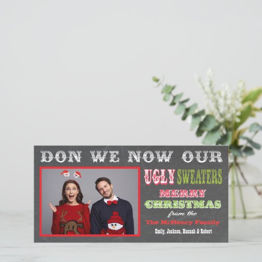 Chalkboard Ugly KerstSweater Photo Card Feestdagenkaart (Staand voorkant)
