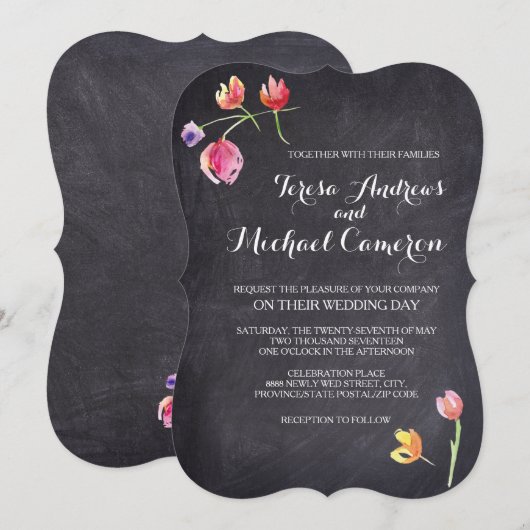 Chalkboard Watercolor Flower Wedding Invitations (Devant / Derrière)