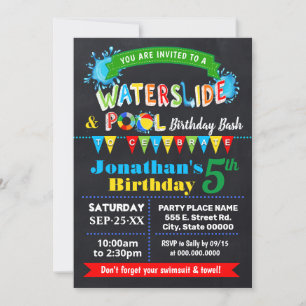 Chalkboard Waterslide Pool Birthday Party Bash Kaart