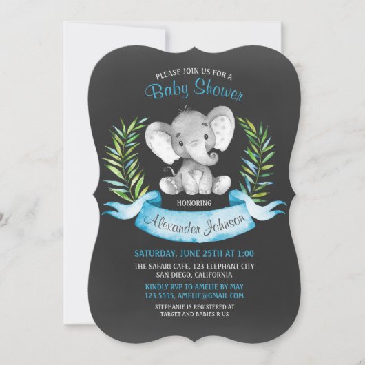 Chalkboard Waterverf Elephant Boy Baby shower Kaart (Voorkant)