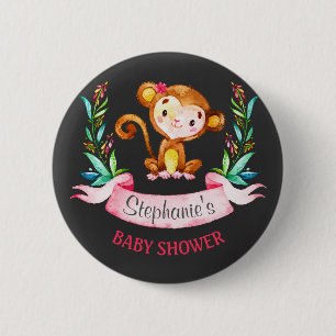 Chalkboard Waterverf Monkey Girl Baby shower Ronde Button 5,7 Cm