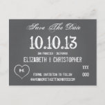 Chalkboard Wedding Enregistrer La Date Event Carte<br><div class="desc">Votre propre style de typographie de tableau noir personnalisé enregistrer la carte postale date. Idéal pour enregistrer la date, les rappels, les invitations, les rendez-vous, les courriels et plus encore. Utilisez ceci pour les mariages, fiançailles, diplômes, collecteurs de fonds, anniversaires, anniversaires et toutes sortes d'occasions spéciales. Le graphique Chalk Heart...</div>