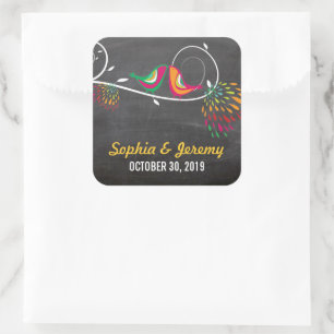 Chalkboard Whimsical Kissing Zomer Vogels Bruiloft Vierkante Sticker