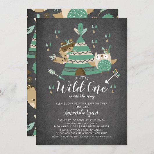 Chalkboard Wild One Baby shower Invitation Kaart (Voorkant / Achterkant)