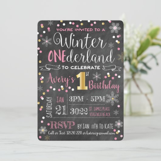 Chalkboard Winter ONE-derland First Birthday Kaart (Staand voorkant)