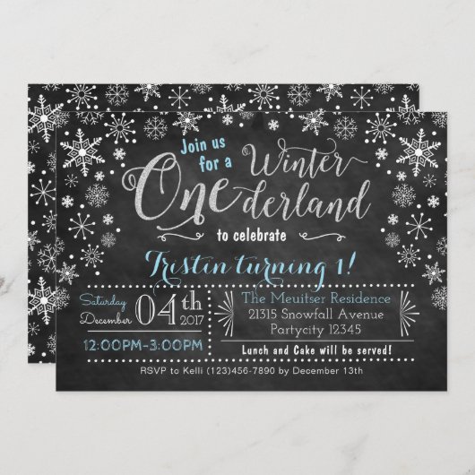 Chalkboard Winter ONE derland Invitation d'anniver (Devant / Derrière)