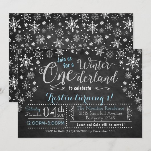 Chalkboard Winter ONEderland Birthday Uitnodiging (Voorkant / Achterkant)
