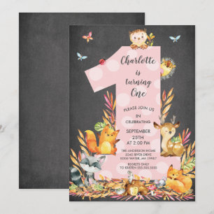 Chalkboard Woodland One Girls Birthday Invitation Kaart