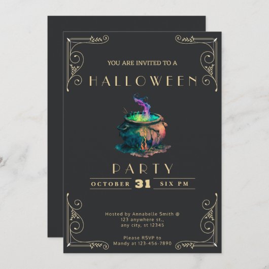 Chalkboard Zwart & Gouden Heksen Cauldron Hallowee Kaart (Voorkant / Achterkant)