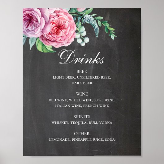 Chalkboardbruiloft drinken. Roze florale alcohol Poster (Voorkant)