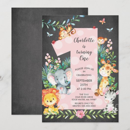 ChalkboardJungle Big One Girls Birthday Uitnodigin Kaart (Voorkant / Achterkant)