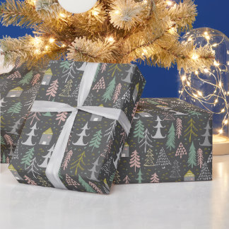 Chalkboardkerstbomen en kastelen Roze geel Cadeaupapier