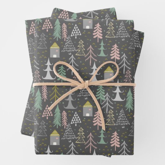 Chalkboardkerstbomen en kastelen Roze geel Inpakpapier Vel (In situ)