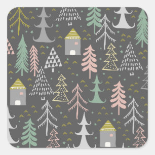 Chalkboardkerstbomen en kastelen Roze geel Vierkante Sticker