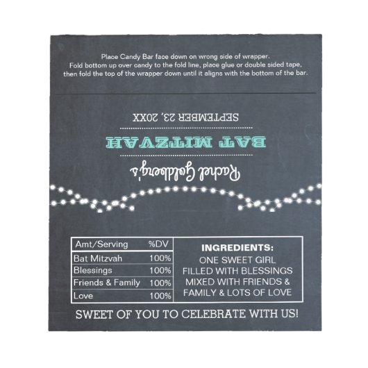 Chalkbordlampjes Blauwgroen BBT Mitzvah Snoep Wrap Notitieblok (Voorkant)