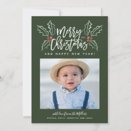 Chalky Brush Script Kerstmis Hollies Foto Green Feestdagenkaart